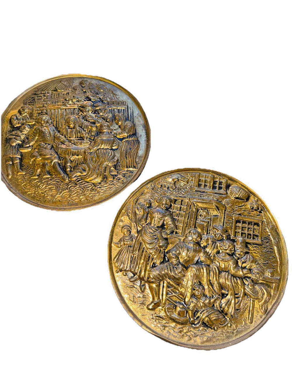 Vtg Brass Plates, wall hangings, England, Pilgrim Scene, MCM, colonial